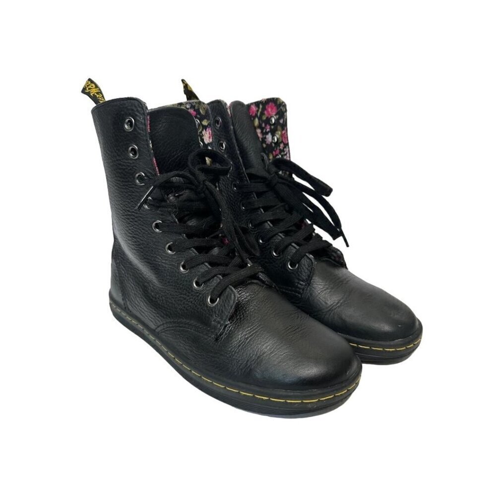 Dr. Martens Stratford Black Fold Over Floral Lined Leather Combat Boots US 7
